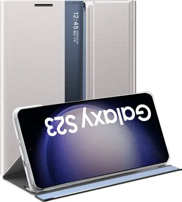 Produktbild von Samsung Galaxy S23 Hülle, Slim Flip Leder Smart View Window Klappetui Schutzhülle mit Standfunktion für Galaxy S23 Silber