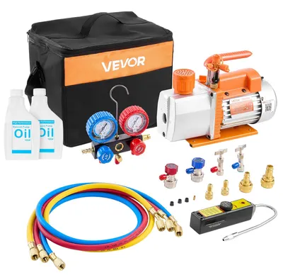 Zdjęcie produktu dla Pompa próżniowa VEVOR z manometrem, 7 CFM 198 l/min, 2-stopniowa łopatkowa pompa próżniowa, 550 W Zestaw pompy próżniowej do R134a, R22 i R410a, z torbą transportową z wykrywaczem nieszczelności, do samochodowych układów klimatyzacji