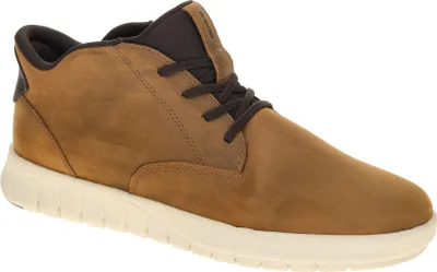 A single brown men's sneaker is shown against a white background.