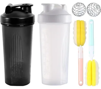 Productafbeelding van Set van 2 eiwitschudbekers van 700 ml, wit en zwart, met mengballen en borstels