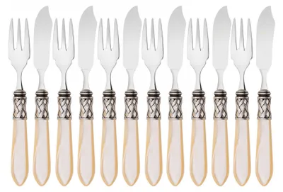 Imagen del producto de ALADDIN. Aro plateado con acabado antiguo. Juego de cubiertos para pescado, 12 piezas. Marca: Casa Bugatti