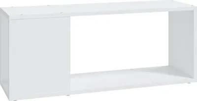 A white TV cabinet with an open compartment and a closed compartment on the left.