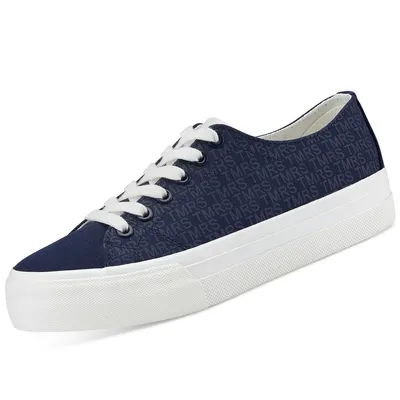 A navy blue sneaker with white laces and a white sole is shown against a white background.