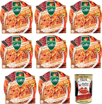 Produktbild von 8x Gallo Bontà Pronte Tex-Mex Riso Basmati,Vorgekochte Zubereitung auf Basis von braunem Basmatireis, Paprika, Bohnen, Hühnchen und Chorizo,220g + Italian Gourmet Polpa di Pomodoro 400g Dose