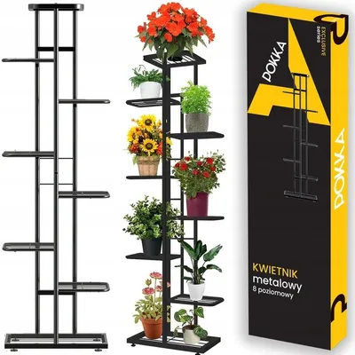 A black metal plant stand with multiple tiers, displayed next to its packaging.
