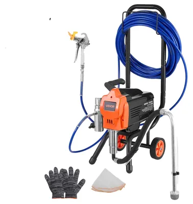 Productafbeelding van VEVOR spuitapparaat voor verf zonder lucht, met standaard, 1500 W, 3300 psi. Verfsysteem met reinigingsborstel, slang, verlengstang en spuitmonden. Spuitapparaat voor woningen en gebouwen