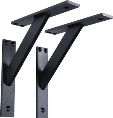 Two black metal shelf brackets are shown against a white background.