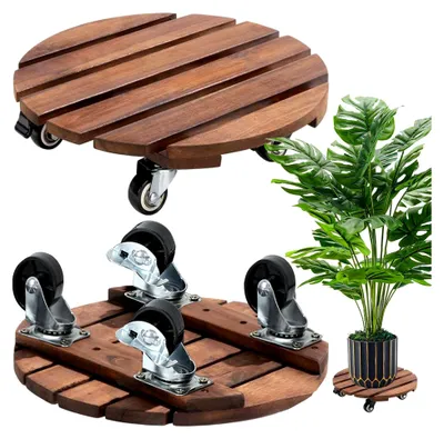 Produktbild von 2 Stück runde Pflanzenroller, 30 cm Holz Blumenroller mit 360° feststellbaren Rädern, Blumentopf Untersetzer mit Rollen, wetterfest (Dunkelbraun)