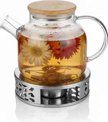 Produktbild von Arendo Teekanne mit Stövchen, Teebereiter Glas für losen Tee, Sieb am Ausguss (Spiralsieb), 1,4 l, Borosilikatglas, Siebeinsatz Edelstahl, hitzebeständig & spülmaschinengeeignet