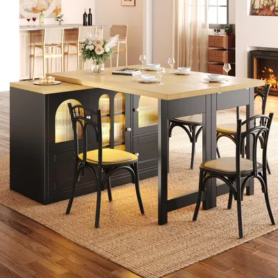 Immagine prodotto di Tavolo da pranzo multifunzionale con combinazione di pensili laterali, tavolo da cucina con illuminazione RGB a 360° controllabile tramite app, isola da cucina, colore nero