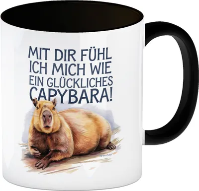 Produktbild von Glücklich mit dir fröhliches Capybara Kaffeebecher in schwarz