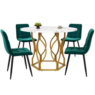 Produktbild von Flieks Essgruppe 5-tlg, Esstisch mit 4 Stühlen, Rundtisch 100x100x76 cm, Esszimmerstühle aus Samt, gold + grün