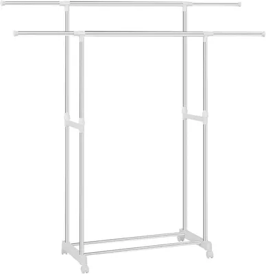 Image de Porte-vêtements avec 2 barres de suspension sur roulettes, en métal réglable | Argenté/blanc | 151,5 x 42 x 171 cm