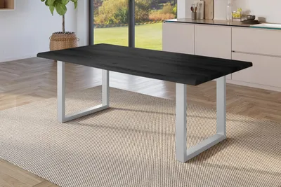 Produktbild von Refurbished Möbelretoure Esstisch 220x100 cm Baumkante Holz Grau-Optik U-Gestell Metall silber JULIUS