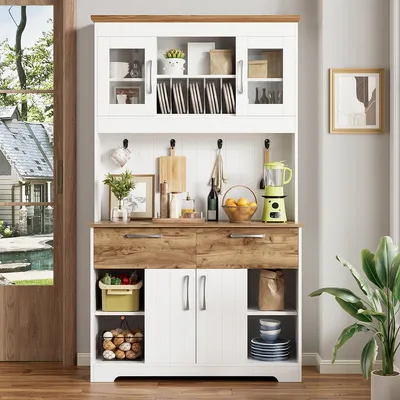 Produktbild von Küchenschrank mit Stauraum und 2 Schubladen Küchenbuffet Vorratsschrank für Küche & Wohnzimmer 106×39×176,5cm Weiß+Holzfarbe