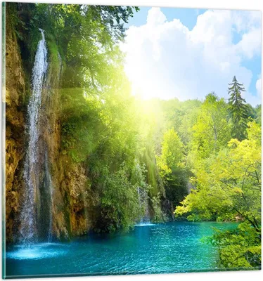 Produktbild von Bilder auf glas - Wasserfall Forrest Himmel - 60x60cm - Glasbilder - Wandbilder - Kunstdruck - zum Aufhängen bereit - Wanddekoration aus Glas - Glas Bilder - Wandbild auf Glas - GAC60x60-0157