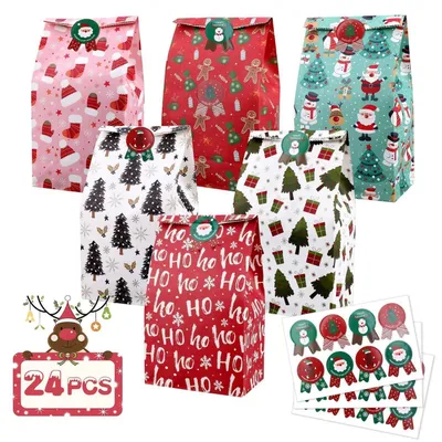 Produktbild von Papiertüten Adventskalender 24er Pack Krafttaschen mit Aufklebern für Geschenke 6 Designs 12 x 8 x 22,5 cm