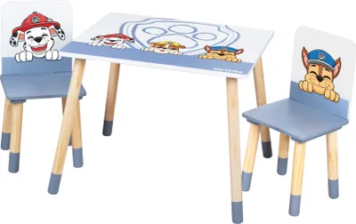 Immagine prodotto di set di sedute per bambini Paw Patrol - 2 sedie per bambini e 1 tavolo per bambini - set di sedute / mobili per sedute con cani dei cartoni animati - legno bianco - da 18 mesi