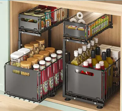 Produktbild von Unterspülbecken-Organizer aus Kohlenstoffstahl, ausziehbarer zweistöckiger Küchenschrank, Organizer für Badezimmer- und Küchenschränke, höhenverstellbar, schwarz (1 Stück)