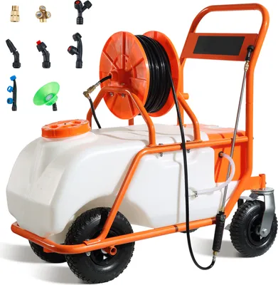 Image de SucceBuy Pulvérisateur à gazon, 60 l, avec roues, pression réglable de 0 à 90 PSI, 8 buses, 2 tiges, couvercle à large ouverture pour le désherbage du jardin