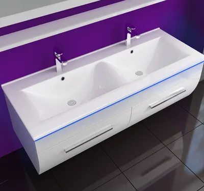 Produktbild von Doppelwaschtisch 120  Weiss Hochglanz Doppel Waschbecken Badmöbel Set Doppelwaschtisch 120 cm