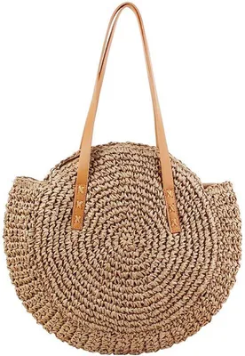 Produktbild von Ibenzoa® Damen Retro Runde Strandtasche aus Rattan, 42 x 37 x 3 cm – Geflochtene Crossbody-Tasche mit Polyester-Futter, verstellbarer Schulterriemen, Braun, Große Kapazität