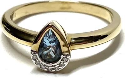 Produktbild von Ring 585/- Gold Aquamarin tropfen facettiert + Diamant w/P1 Schmuckring Solitär #57