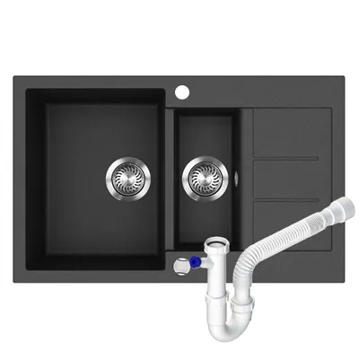 Produktbild von Küchenspüle aus Granit 80×50 cm Einbauspüle mit Siphon, Zweibecken SQT151-601AW