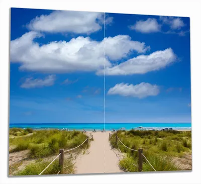 Produktbild von Wallario Herdabdeckplatte aus Glas, Größe 60 x 52 cm 2-teilig, Motiv Sandweg zum blauen Meer mit blauem Himmel