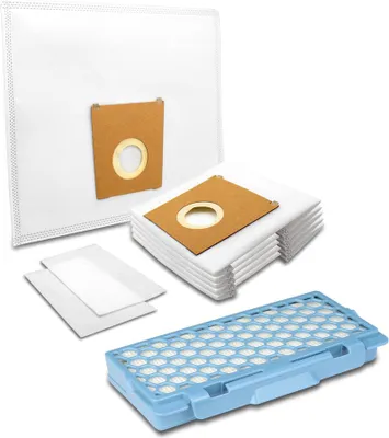 A collection of vacuum cleaner bags and filters arranged on a white background.