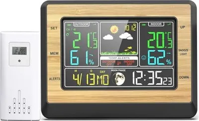 Produktbild von Outdoor-Sensor für drahtlose Wetterstationen, digitales Farbdisplay, funkgesteuerte Uhr, Innenthermometer, Hygrometer, Prognose Barometermond