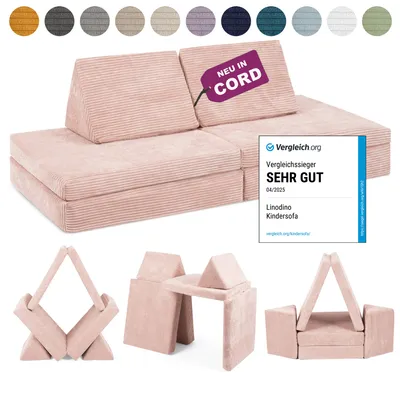 Produktbild von Linodino Spielsofa Cord - Kindersofa | Kinder Couch als Kuschelecke und Indoor Spielplatz | Kinder Sofa aus Schaumstoff Bausteinen I Prinzessin Rosa