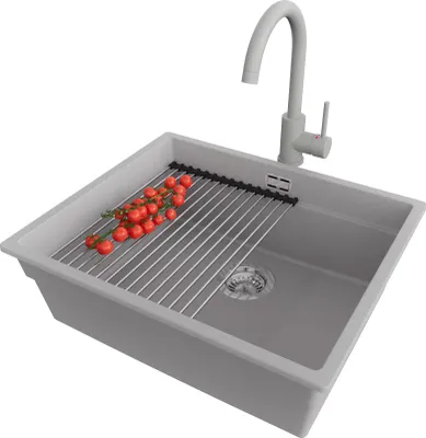 Produktbild von PRIMAGRAN Unterbauspüle Granit Grau 56x47cm, Spülbecken 1 Becken + Ablauf-Set + Küchenzubehörset, Granitspüle ab 60er Unterschrank - Praga