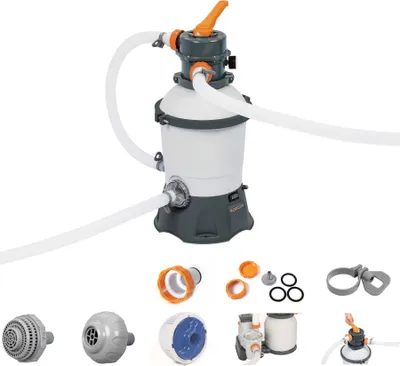 A pool sand filter system and its accessories are displayed against a white background.