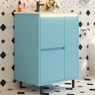 Image de Meuble de salle de bain autoportant avec vasque en céramique intégrée, charnières à fermeture douce, deux tiroirs, meuble sous vasque, meuble de rangement, couleur bleue