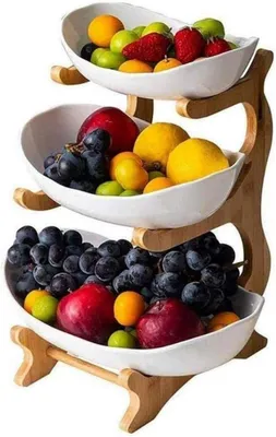 Produktbild von Obstetagere 3-stöckig weiß Keramik mit Holzständer