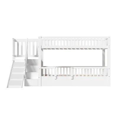 Produktbild von Flieks Etagenbett 90x200cm mit Rutsche, Kinderbett mit Rausfallschutz und Lattenrost, Hochbett mit Treppe für 2 Kinder, Einzelbett Stockbett, Weiß