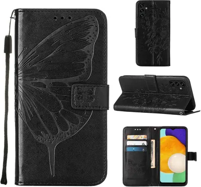 Produktbild von Galaxy A13 5G Hülle, Schmetterling Prägung Flip Leder Kartenfächer Schutzhülle Ledertasche mit Ständer für Samsung Galaxy A13 5G Schwarz