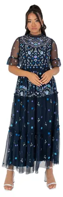 Produktbild von Maya Deluxe Damen Kleid, Midaxi-Länge, hoher Ausschnitt, 3/4-Ärmel, mit Stickereien