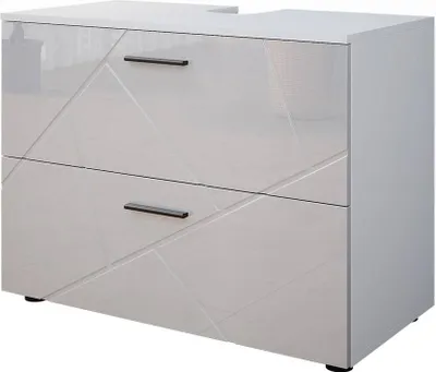 A white high-gloss vanity unit with two drawers and geometric detailing.