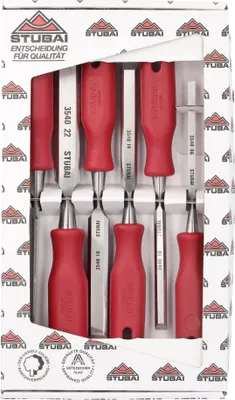 Produktbild von STUBAI 3540 Stemmeisensatz Stechbeitel Set mit rotem Plastikgriff & extra langer Klinge, 6-teilig (6,10,14,18,22,26 mm), Stemmeisen zur präzisen Bearbeitung von Holz hochwertiges Werkzeug für Schreiner Tischler Heimwerker