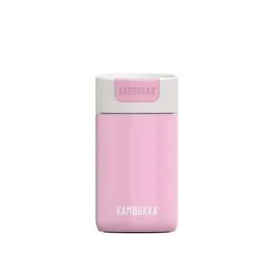 A pink Kambukka thermos bottle with a white lid is shown against a white background.