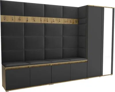 Productafbeelding van Garderobeset Noris V met spiegel, beklede garderobe 290 cm, gangmeubel met wandpanelen, 12 haken en kast (kleur: Artisan eik/zwart + Trinity 15)