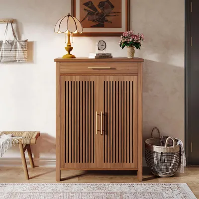 Image de Meuble à chaussures - Étagère à chaussures à 5 niveaux - Portes à lamelles - Tiroir - Modèle sur pied - Bois - Marron