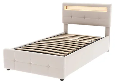 Zdjęcie produktu dla Łóżko dziecięce - łóżko tapicerowane 90x200 cm - oświetlenie LED - pojemnik na pościel z podnoszeniem hydraulicznym - regulowane zagłówki - obicie z weluru - udźwig 200 kg - kolor beżowy
