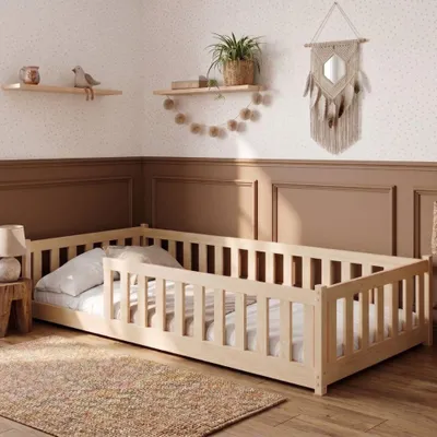 Produktbild von Kinderbett BELY 90x200 cm mit Rausfallschutz Bodenbett Holzbett aus Kiefer - Kiefer