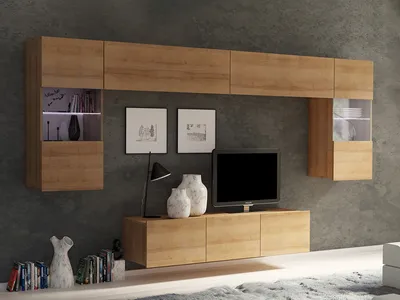 Produktbild von Wohnwand CALABRINI-2 Wohnzimmer-Set Hängewohnwand Schrankwand mit LED-Beleuchtung TV-Schrank Vitrine Moderne Anbauwand (Goldene Eiche)