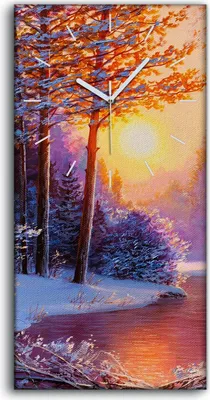Produktbild von Dekor Leinwand Uhr Wandbilder 30x60 Malerei Bäume Schnee Fluss Sonnenuntergang - weiße Hände
