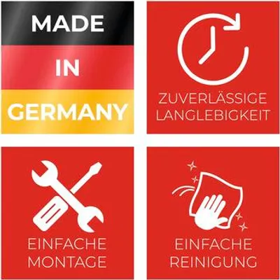 A collage of four square marketing images, each with a red background except for the top-left image which features the German flag colors. The images contain icons and text highlighting product features.