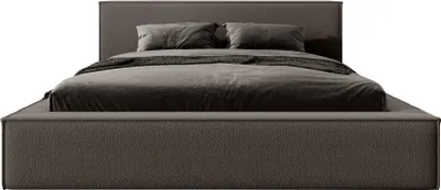 A bed with a headboard and mattress, covered with dark gray bedding.